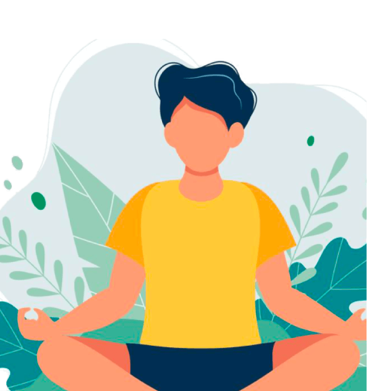 illustration of a person sitting cross-legged and meditating with plants in the background