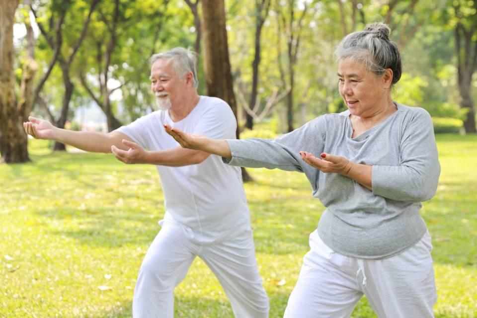 An older, happy-looking couple doing tai chi outside