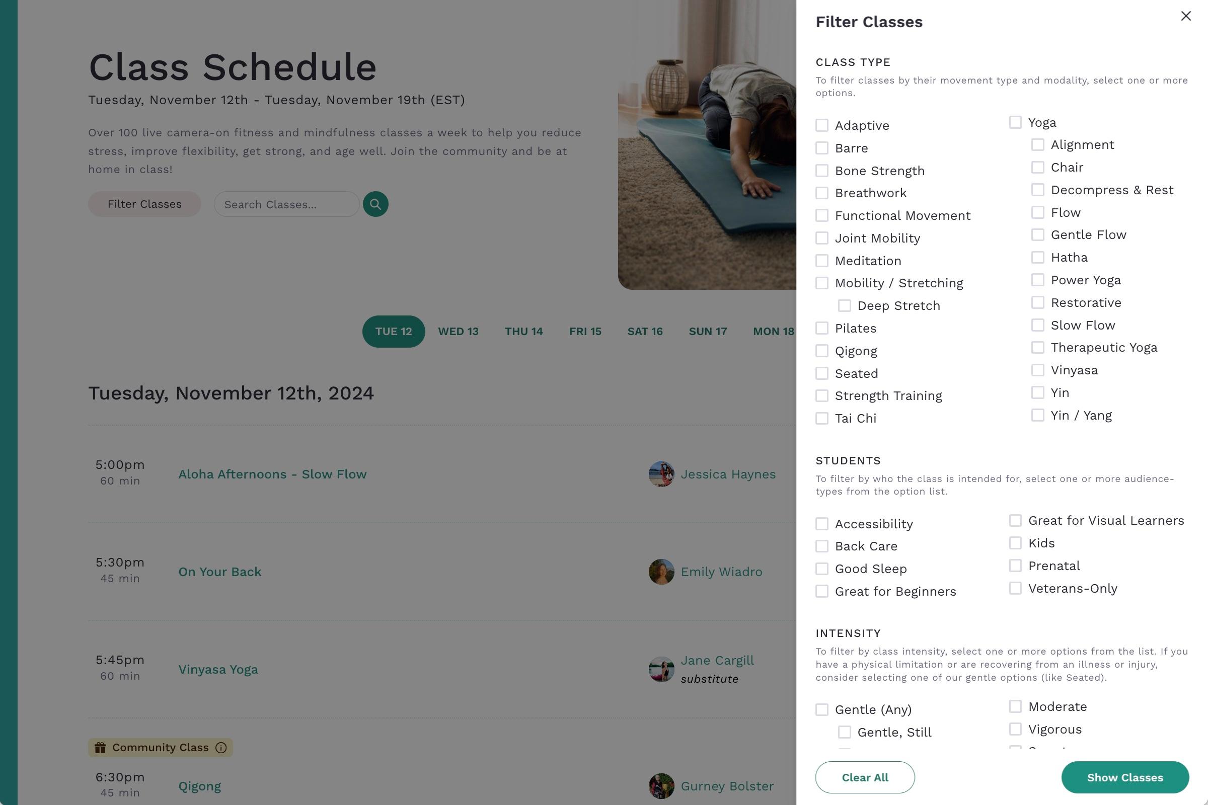 a screenshot of the weekly live class schedule with filter options showing