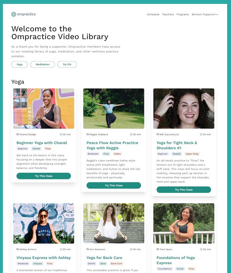 a screenshot of the video library, with sections for yoga, meditation, and tai chi and different video options under each