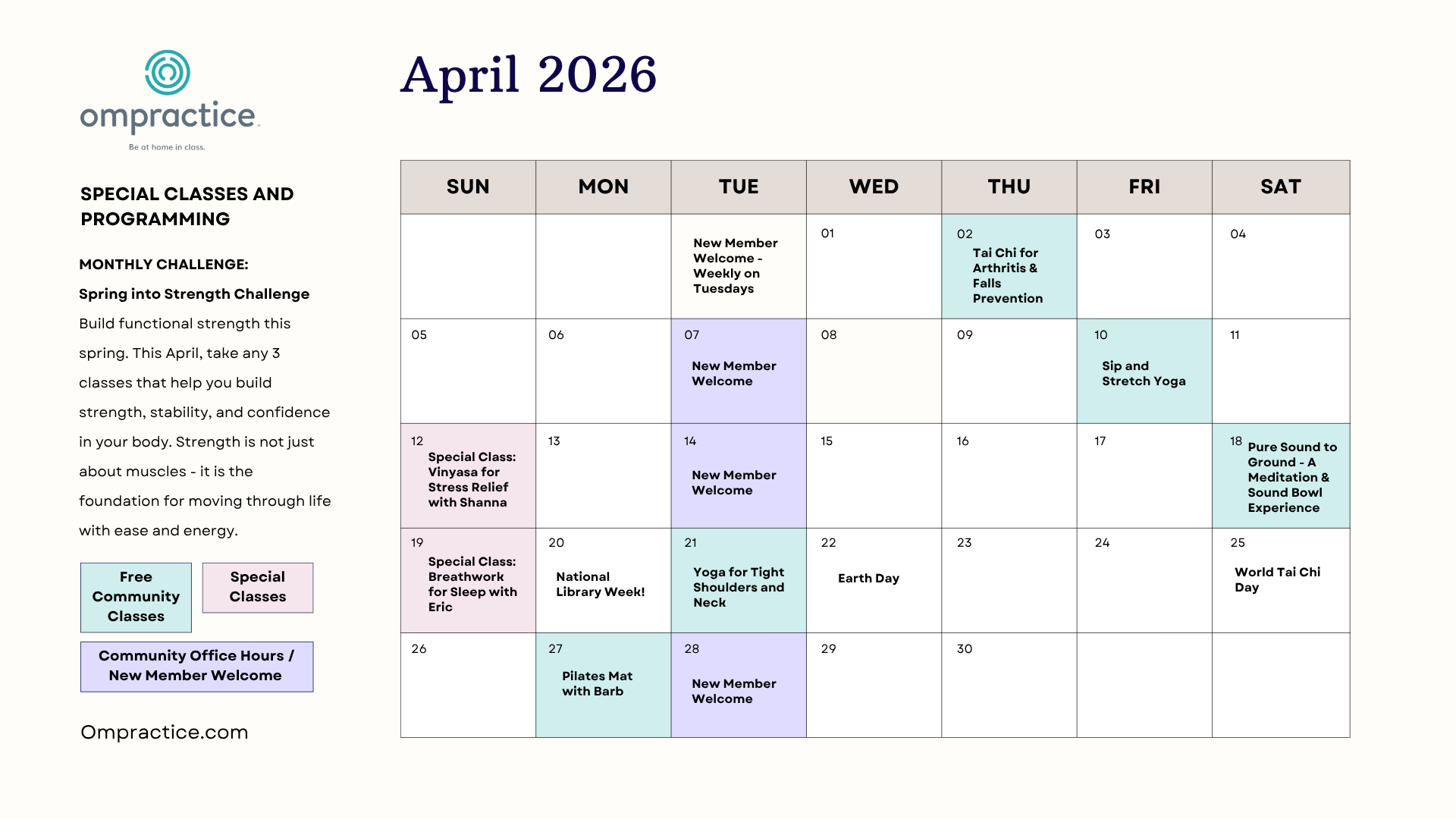 Ompractice April 2026 calendar including the special classes and community classes featured in the announcement