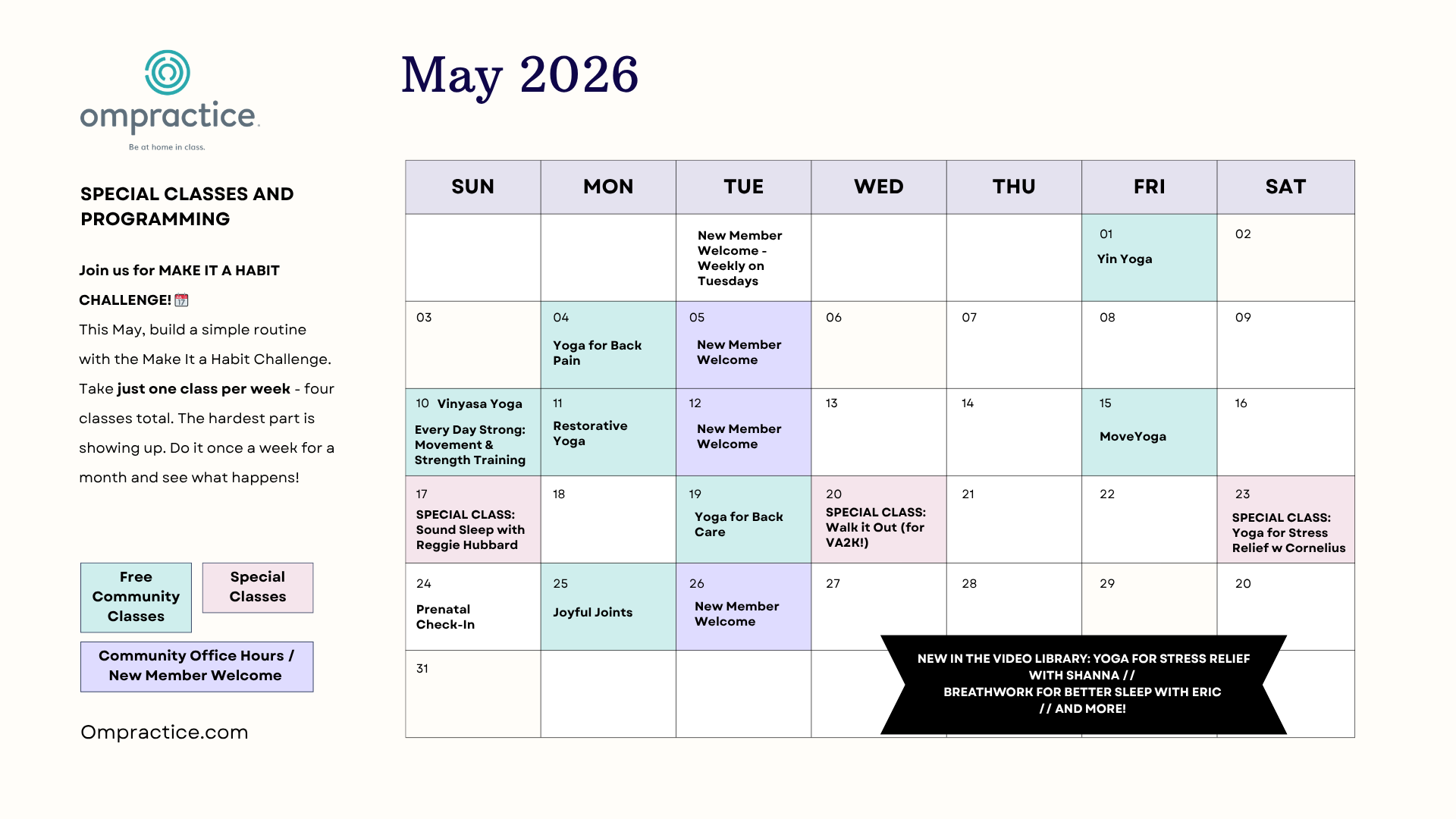 A calendar with dates for the May special classes and events at Ompractice described in the post
