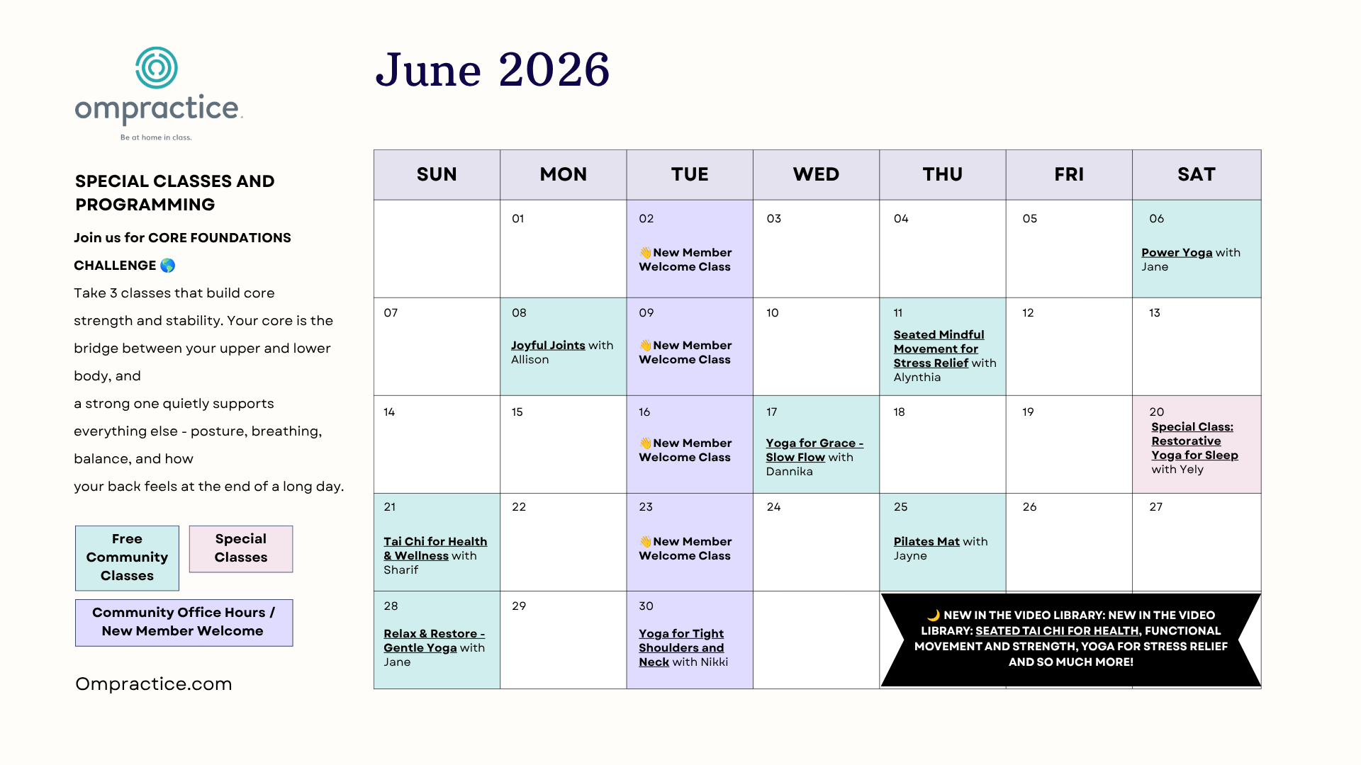 A calendar with dates for the May special classes and events at Ompractice described in the post