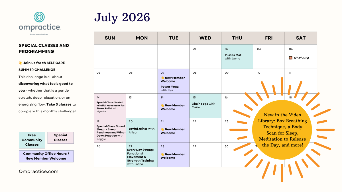 A calendar with dates for the July special classes and events at Ompractice described in the post