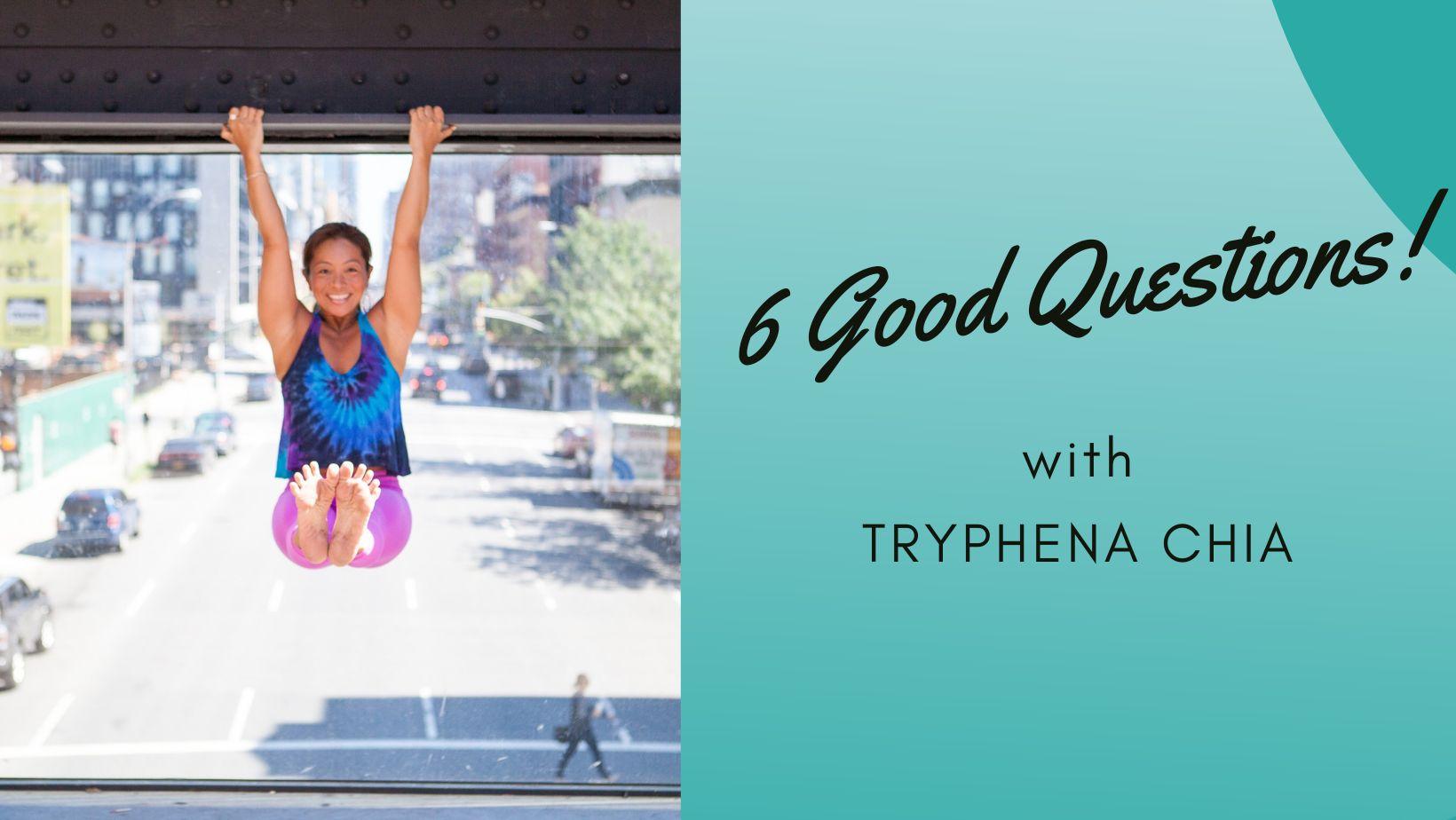 Ompractice teacher Tryphena Chia pictured hanging from beam with legs extended and teal Ompractice banner