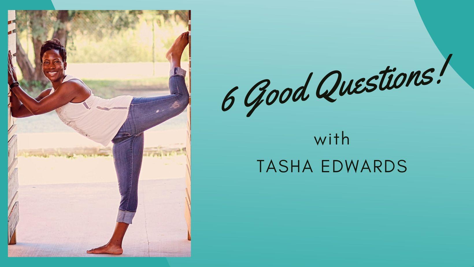 Ompractice teacher Tasha Edwards standing in a supported quad stretch with Ompractice teal background