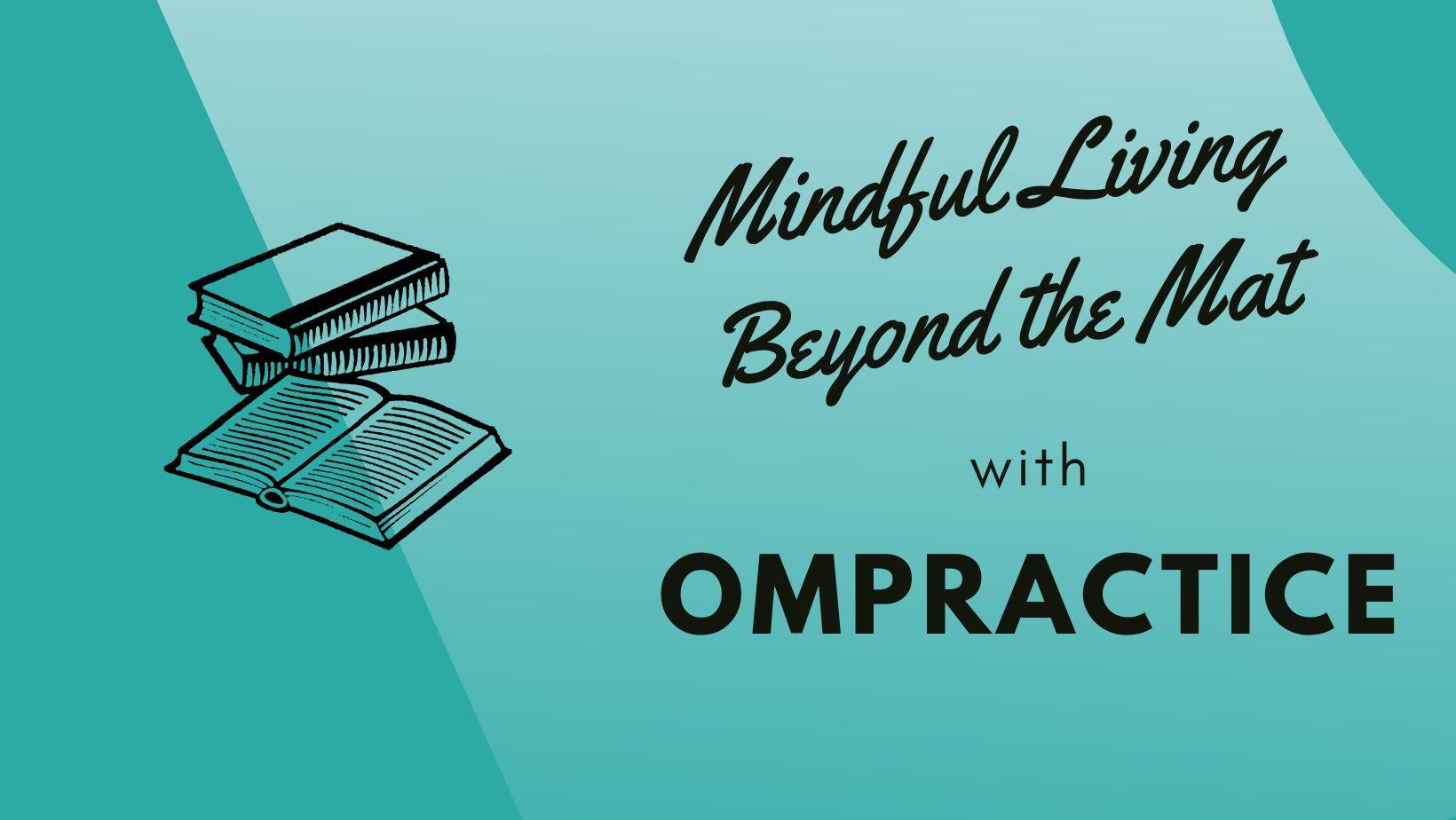 Black and white illustration of a stack of books on teal Ompractice banner