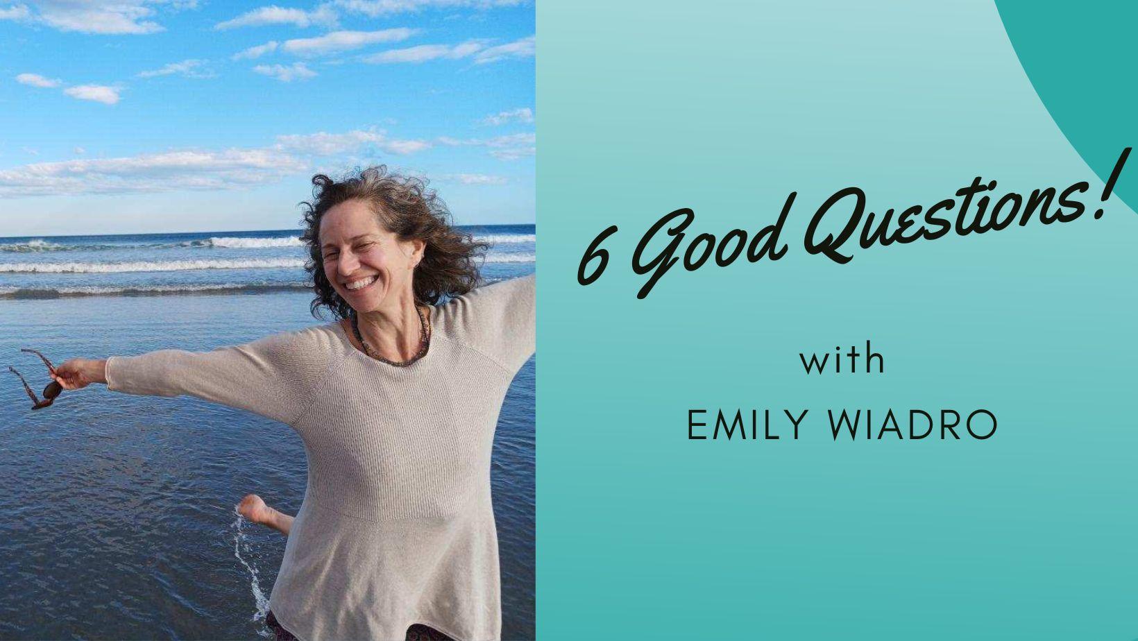 Ompractice teacher Emily Wiadro joyful with a beach background and Ompractice teal banner