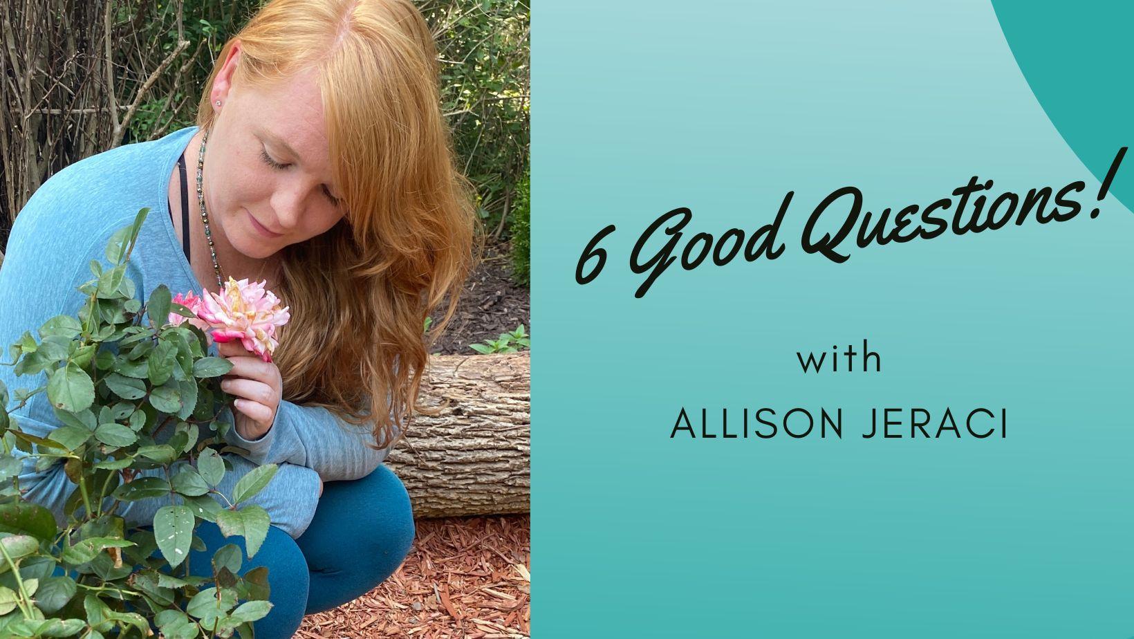 Ompractice teacher Allison Jeraci knelt down to inspect a rose with Ompractice teal banner