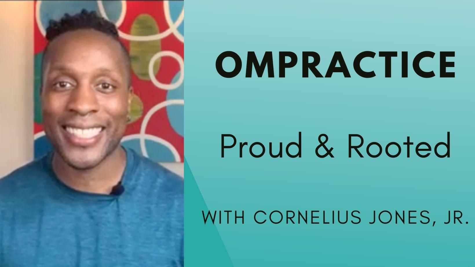 Ompractice teacher Cornelius Jones Jr pictured in front of multicolored art with Ompractice special class banner