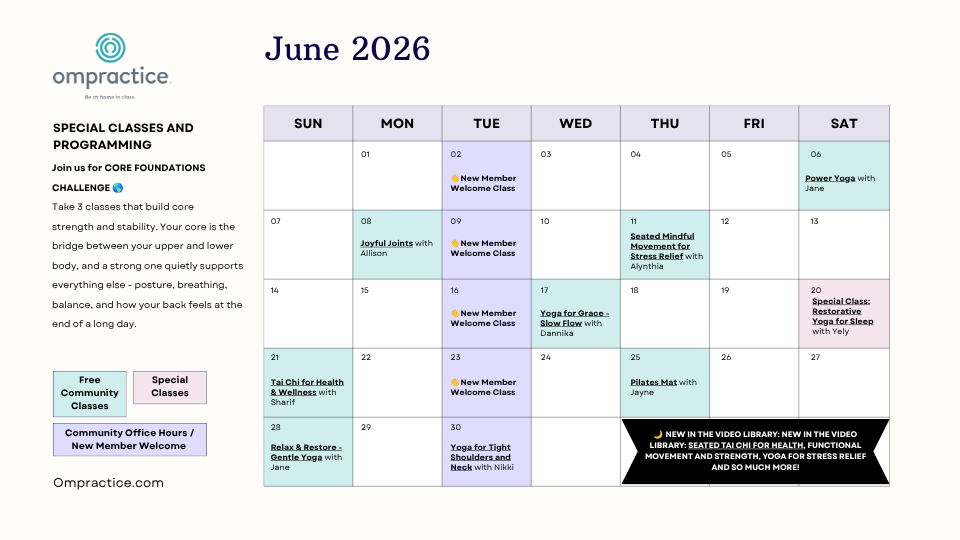 An image of the monthly Ompractice calendar with dates in the calendar