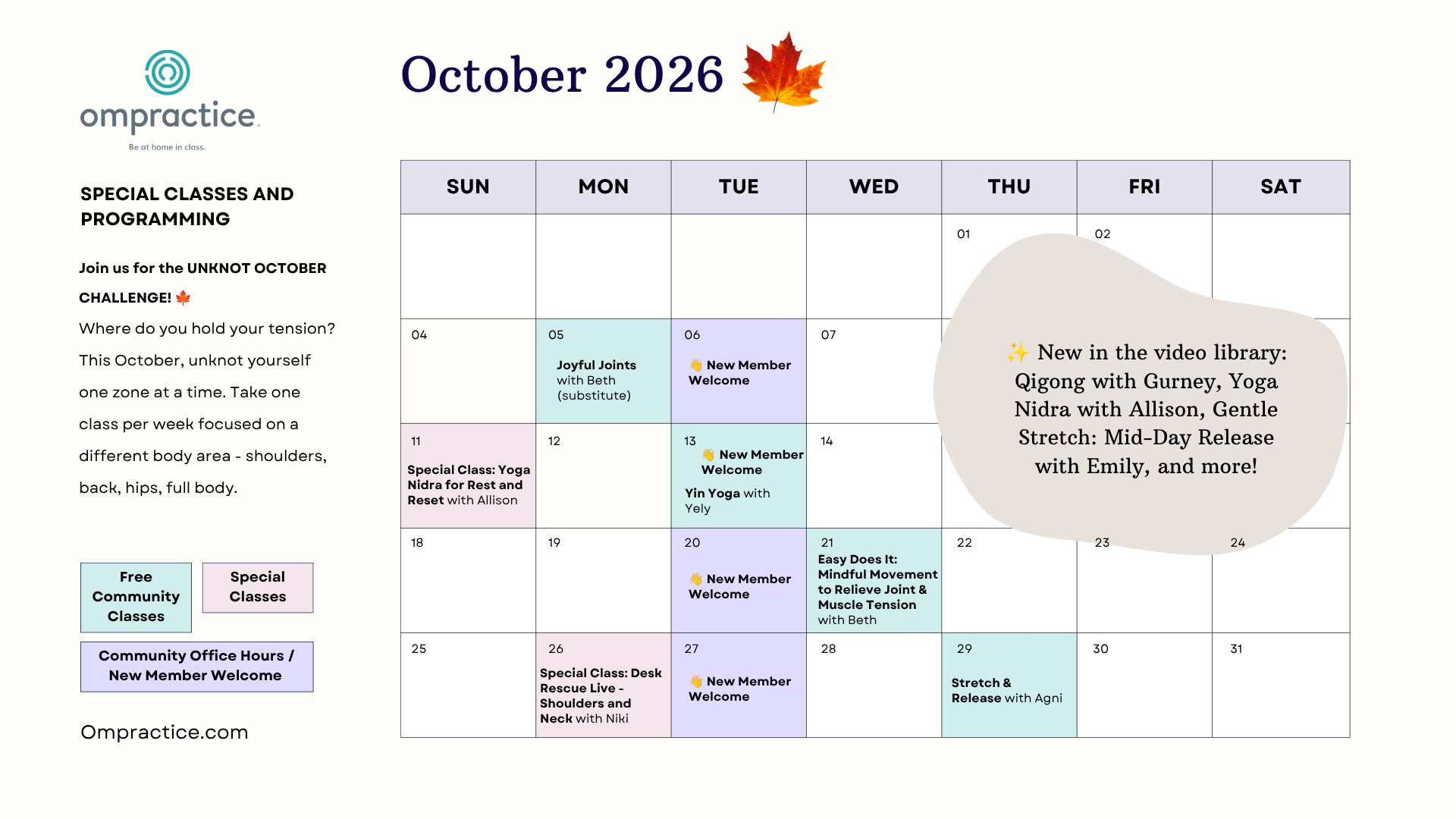 A calendar with dates for the October special classes and events at Ompractice described in the post