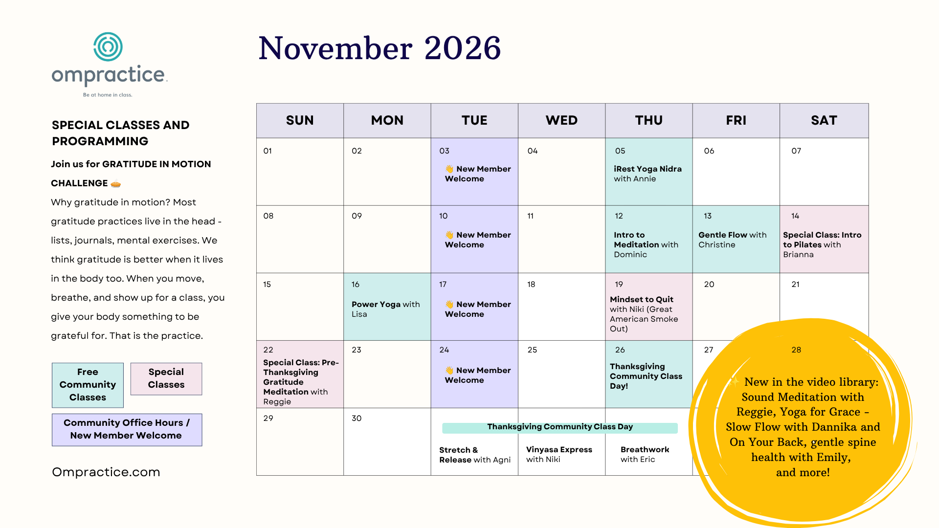 A calendar with dates for the November special classes and events at Ompractice described in the post