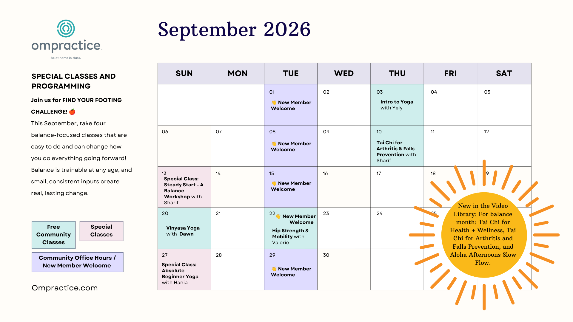 A calendar with dates for the September special classes and events at Ompractice described in the post