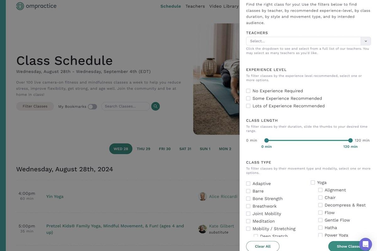 A screenshot of the Ompractice class schedule page with the "Filter Classes" side panel open