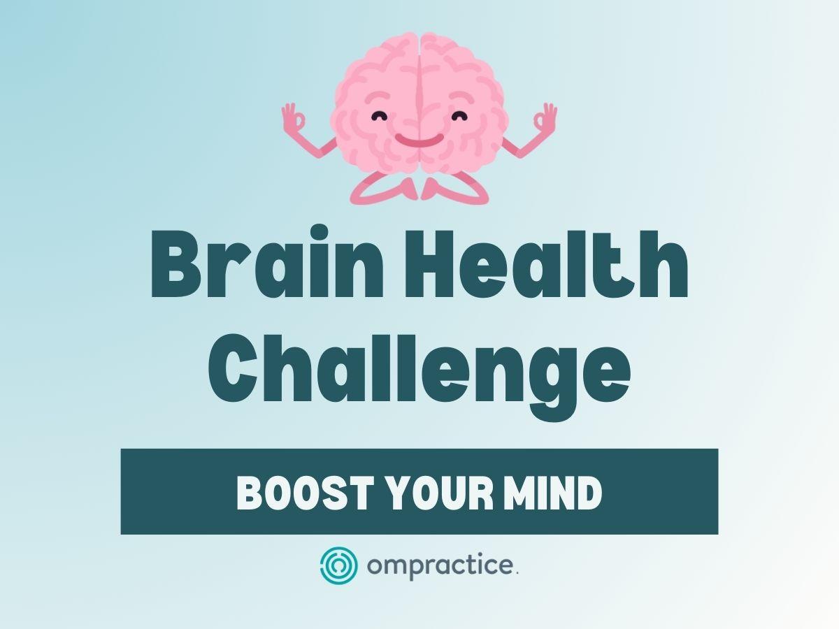 A light teal gradient with a meditative brain at the top. It reads: Brain Health Challenge, Boost Your Mind.