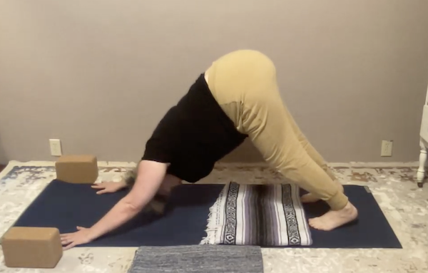 Ompractice teacher Agni Hogaboom doing downward dog