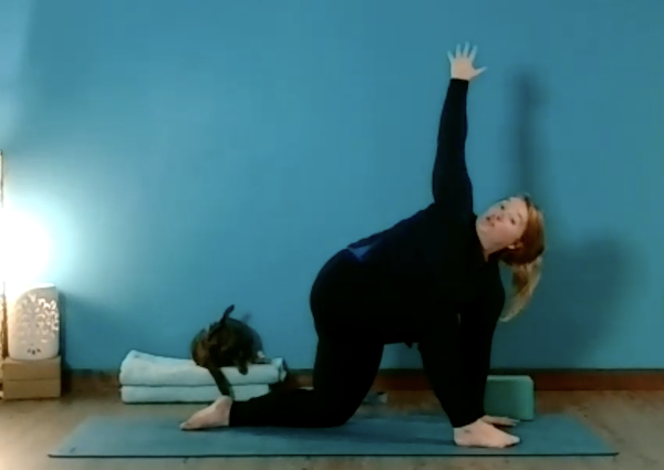 Ompractice teacher Allison Jeraci demonstrates a pose on a mat