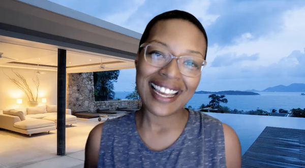 Ompractice teacher Jessica Haynes b&w headshot with purple background