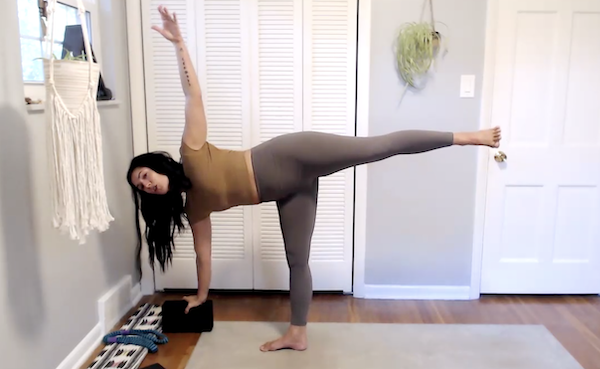 Ompractice teacher Lisa Rischitelli demonstrates a pose