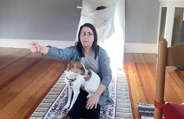 Ompractice teacher robyn parets leads a pretzel kids class with dog jack