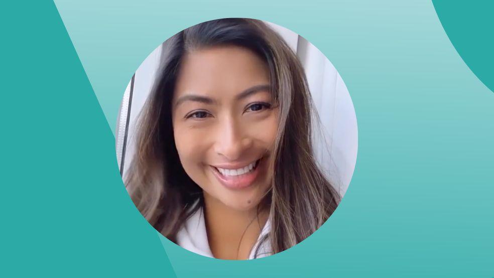 Ompractice teacher Yvette Jain headshot with gray shirt