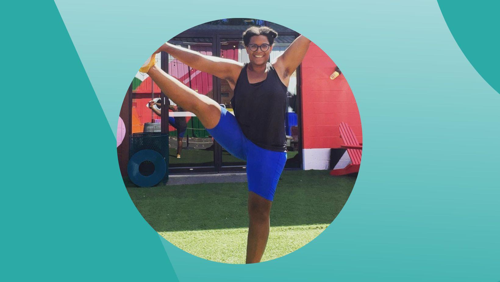 Ompractice teacher Devon Wilson-Hill in standing leg extension with brightly colored background