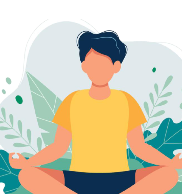 illustration of a person sitting cross-legged and meditating with plants in the background